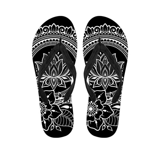 Black And White Lotus Flower Print Flip Flops