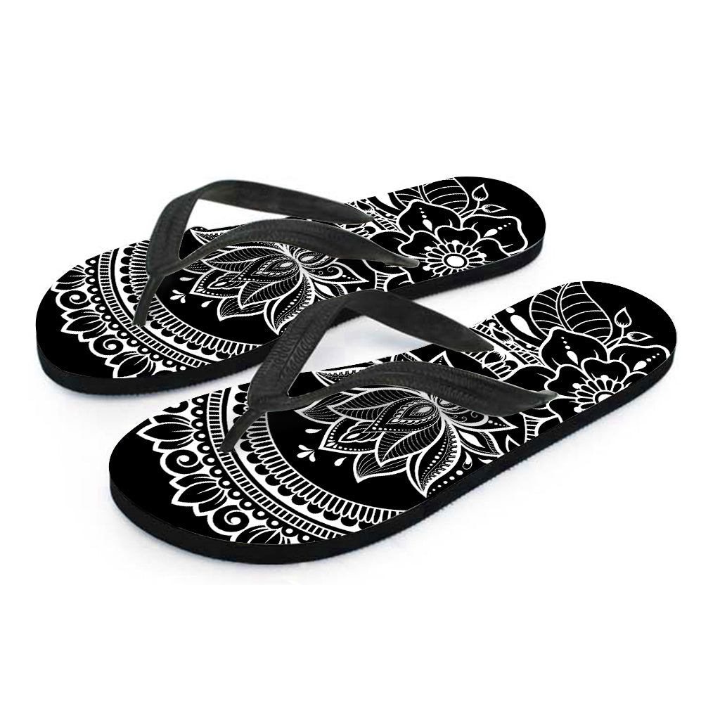 Black And White Lotus Flower Print Flip Flops