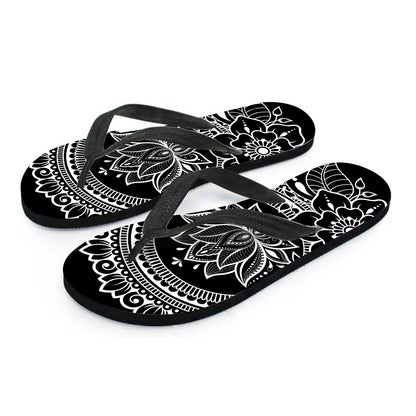 Black And White Lotus Flower Print Flip Flops