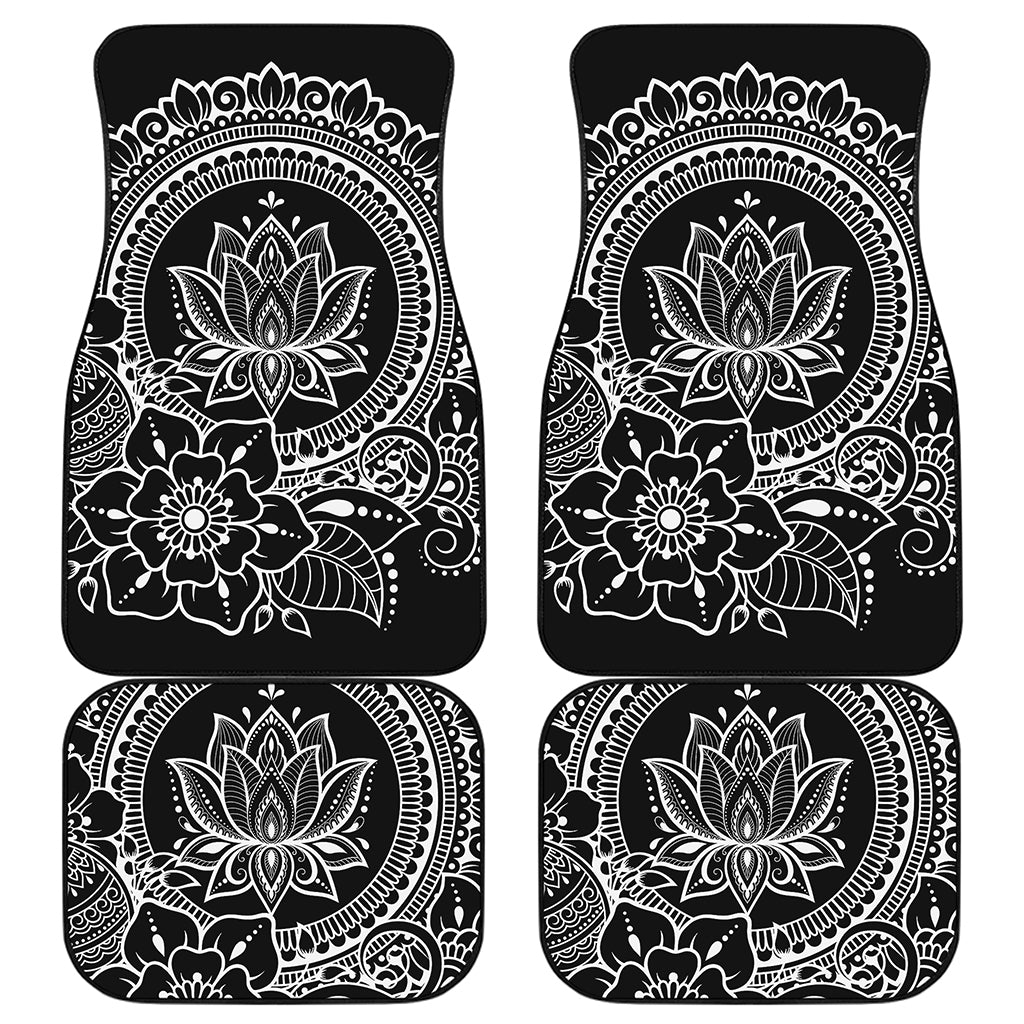 Black And White Lotus Flower Print Front and Back Car Floor Mats