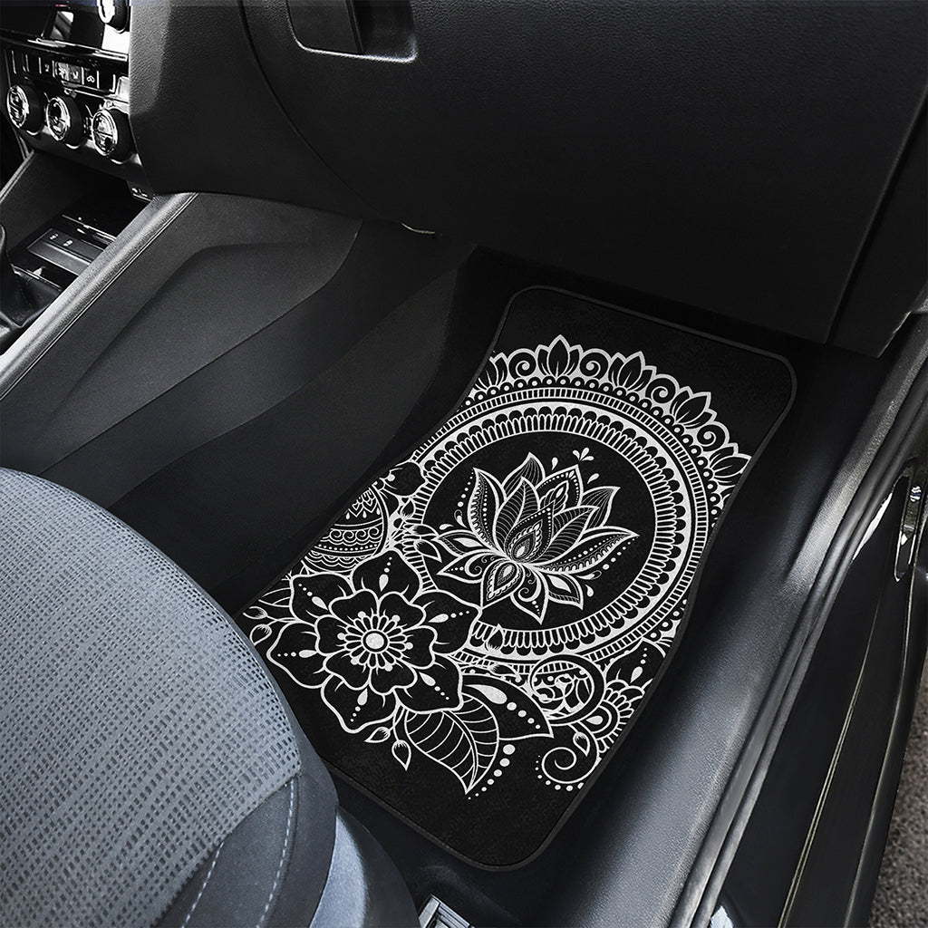 Black And White Lotus Flower Print Front and Back Car Floor Mats