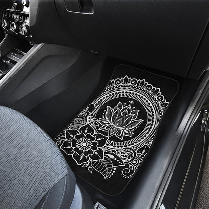 Black And White Lotus Flower Print Front and Back Car Floor Mats