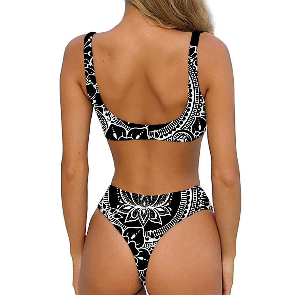 Black And White Lotus Flower Print Front Bow Tie Bikini