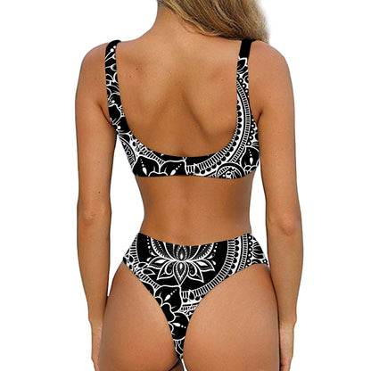 Black And White Lotus Flower Print Front Bow Tie Bikini