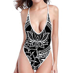 Black And White Lotus Flower Print High Cut One Piece Swimsuit