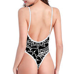 Black And White Lotus Flower Print High Cut One Piece Swimsuit