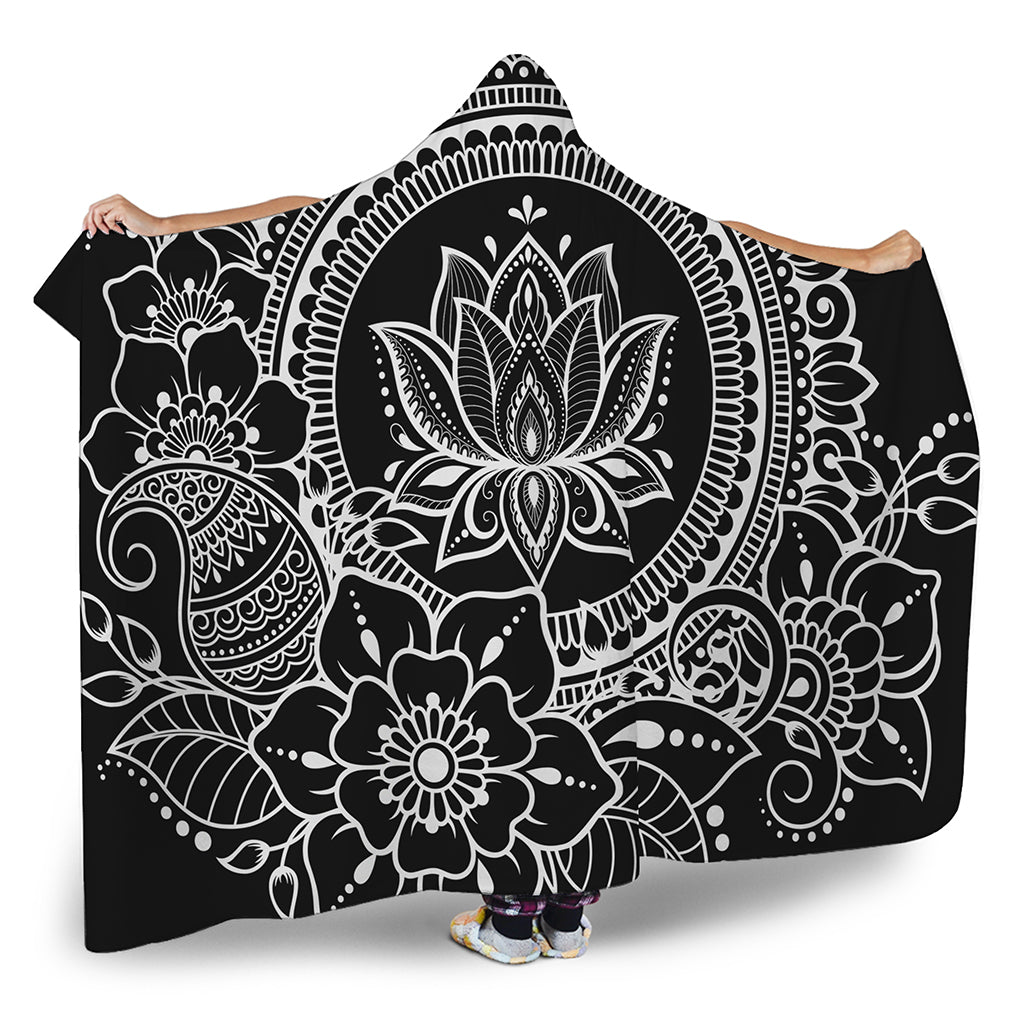 Black And White Lotus Flower Print Hooded Blanket