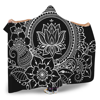 Black And White Lotus Flower Print Hooded Blanket