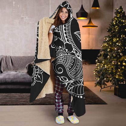Black And White Lotus Flower Print Hooded Blanket