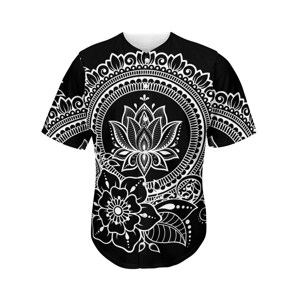 Black And White Lotus Flower Print Men's Baseball Jersey