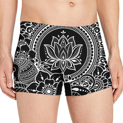 Black And White Lotus Flower Print Men's Boxer Briefs