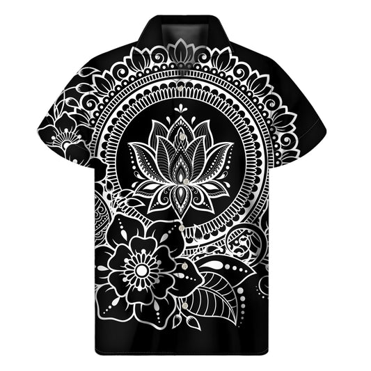 Black And White Lotus Flower Print Men's Short Sleeve Shirt