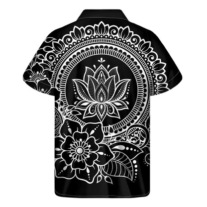 Black And White Lotus Flower Print Men's Short Sleeve Shirt