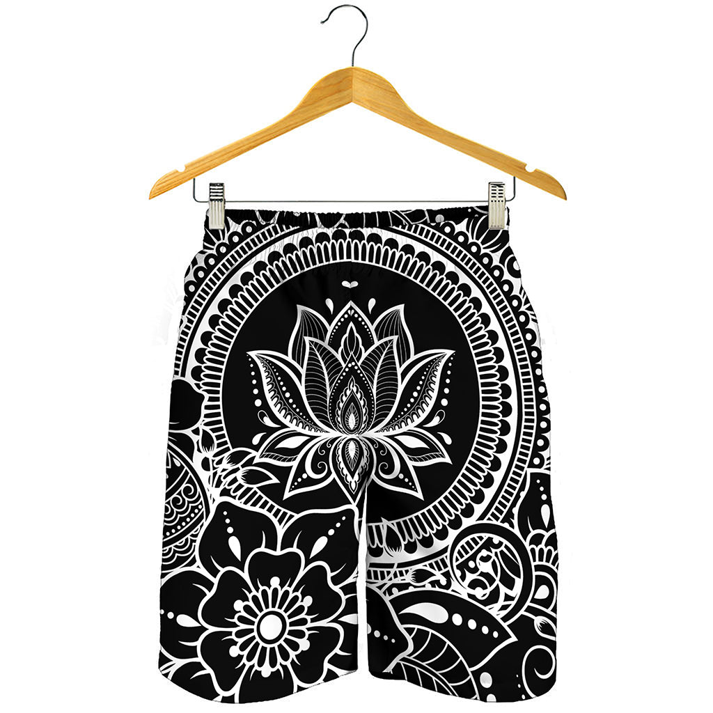 Black And White Lotus Flower Print Men's Shorts