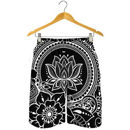 Black And White Lotus Flower Print Men's Shorts