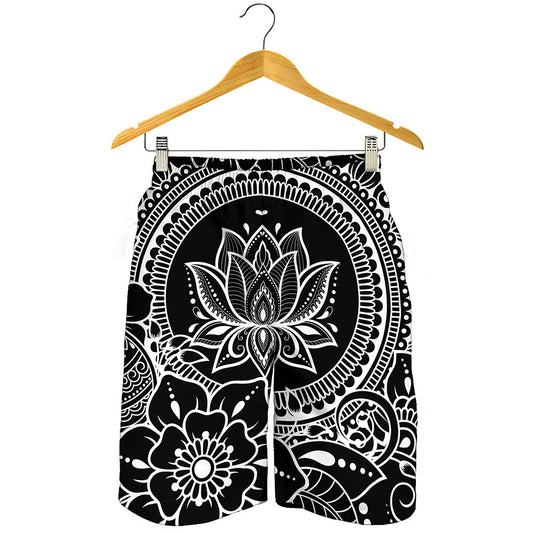 Black And White Lotus Flower Print Men's Shorts