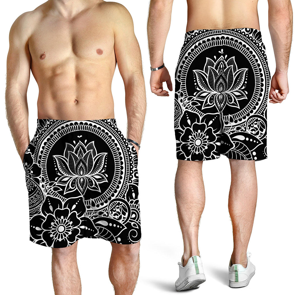 Black And White Lotus Flower Print Men's Shorts