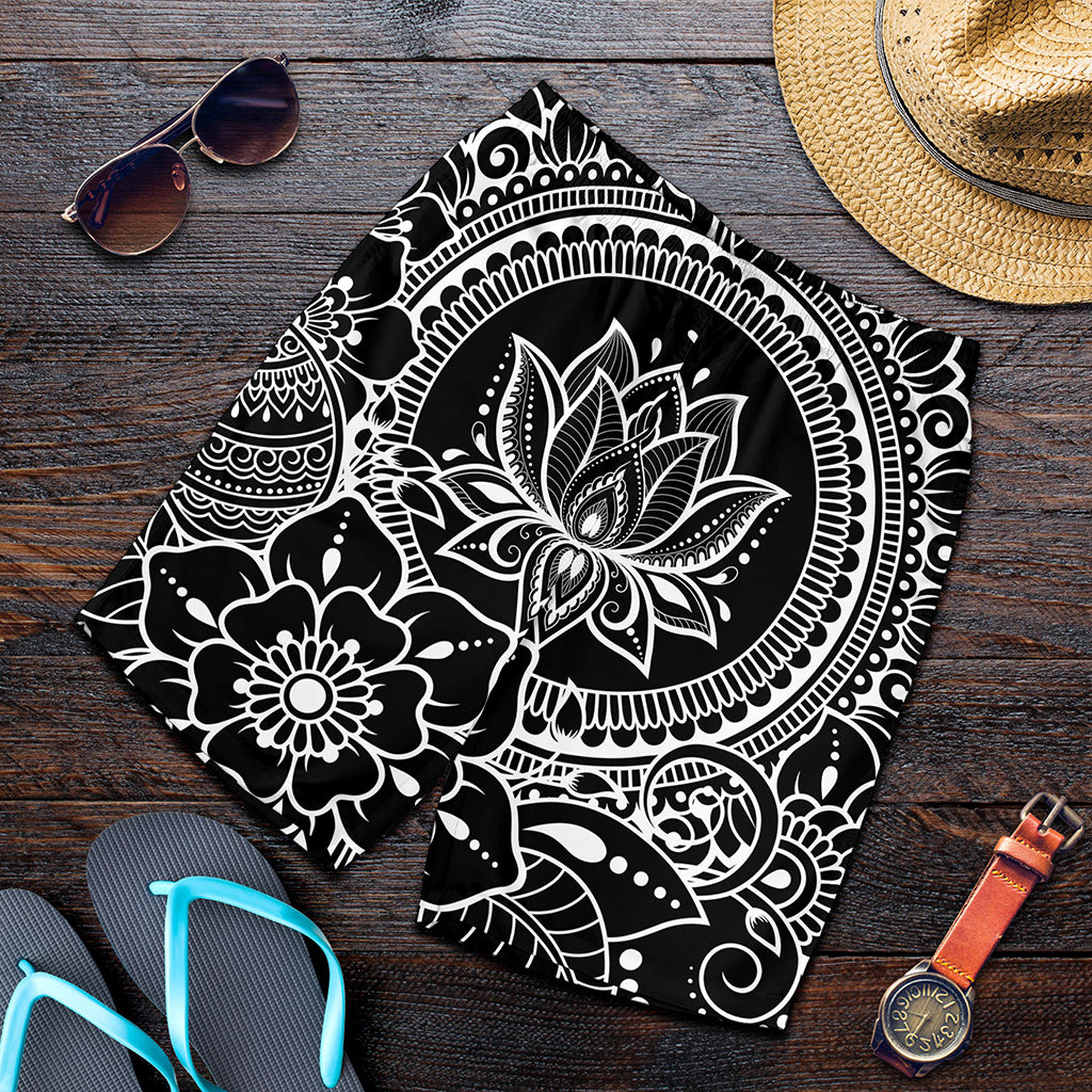 Black And White Lotus Flower Print Men's Shorts