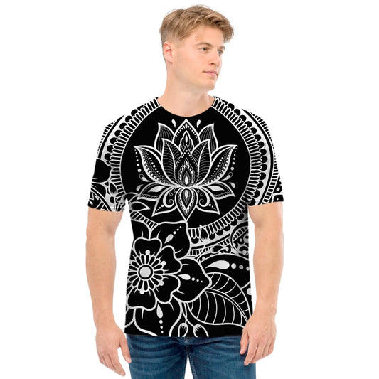 Black And White Lotus Flower Print Men's T-Shirt