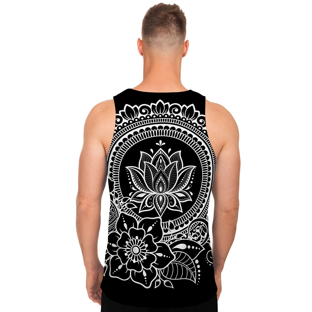 Black And White Lotus Flower Print Men's Tank Top