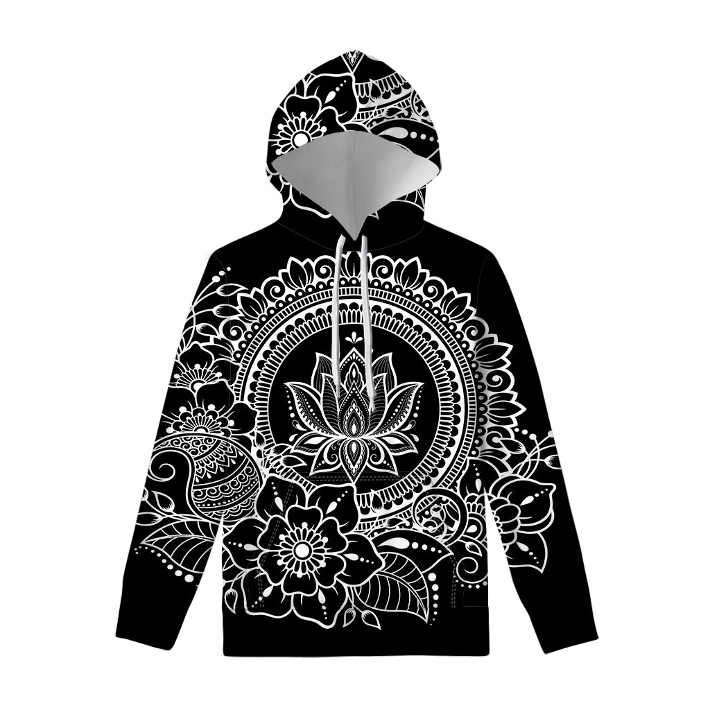 Black And White Lotus Flower Print Pullover Hoodie