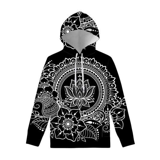 Black And White Lotus Flower Print Pullover Hoodie