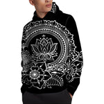 Black And White Lotus Flower Print Pullover Hoodie