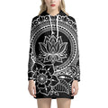 Black And White Lotus Flower Print Pullover Hoodie Dress