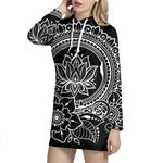 Black And White Lotus Flower Print Pullover Hoodie Dress