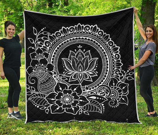 Black And White Lotus Flower Print Quilt