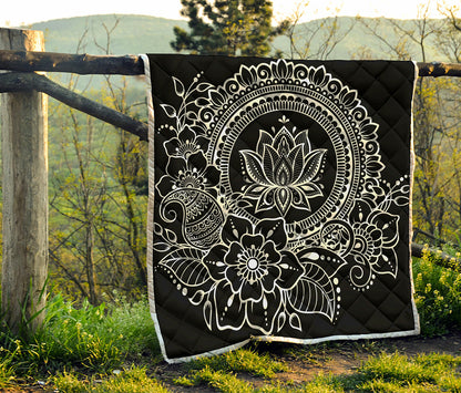 Black And White Lotus Flower Print Quilt