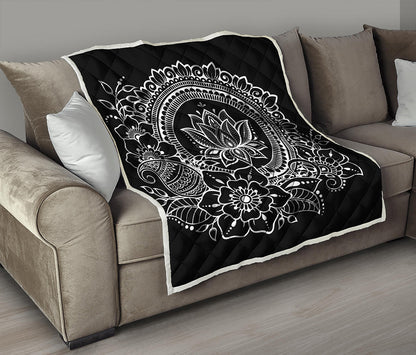 Black And White Lotus Flower Print Quilt