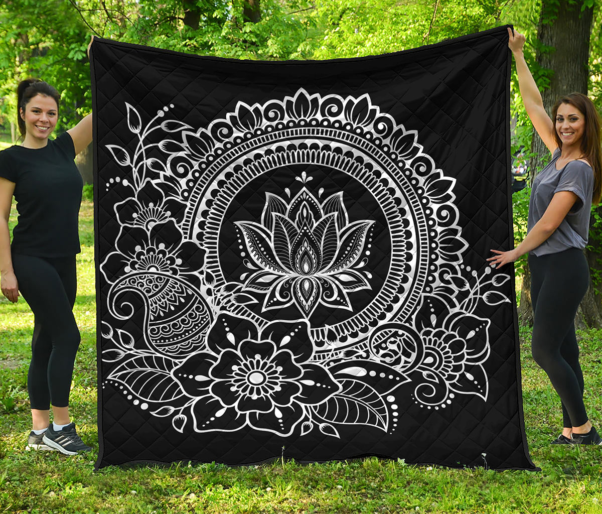 Black And White Lotus Flower Print Quilt
