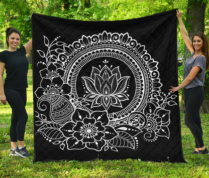 Black And White Lotus Flower Print Quilt