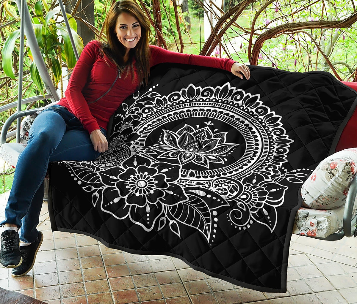 Black And White Lotus Flower Print Quilt
