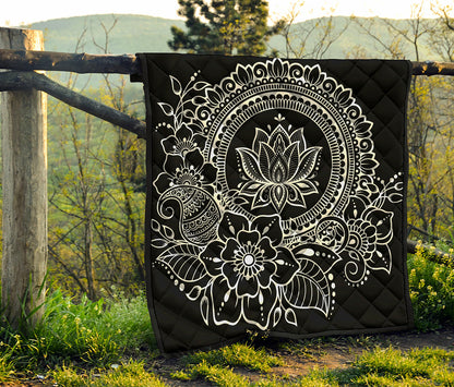 Black And White Lotus Flower Print Quilt