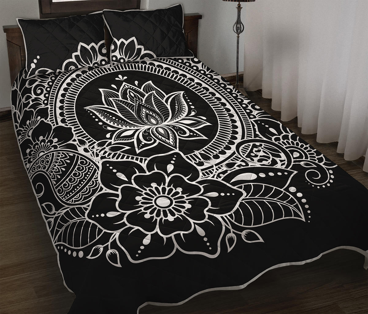 Black And White Lotus Flower Print Quilt Bed Set