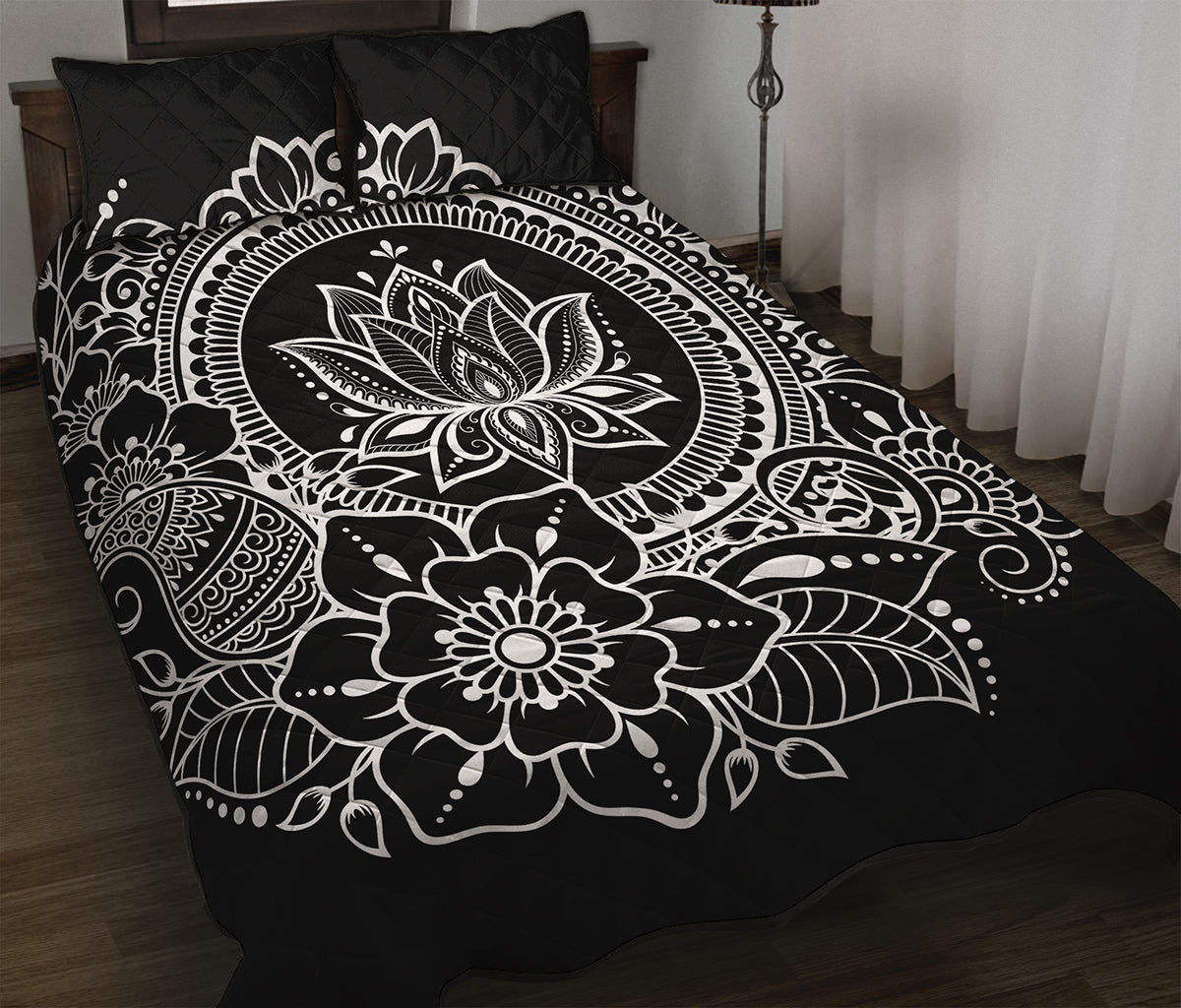 Black And White Lotus Flower Print Quilt Bed Set