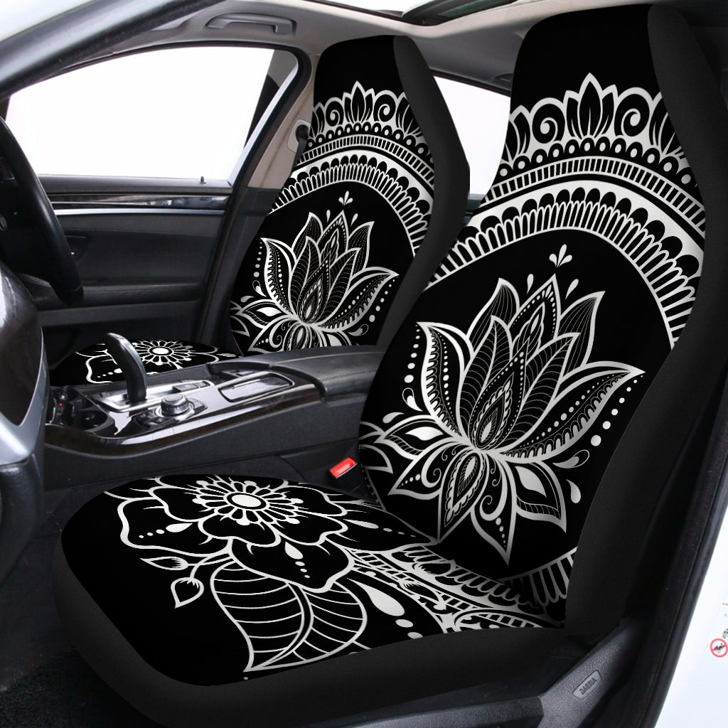 Black And White Lotus Flower Print Universal Fit Car Seat Covers