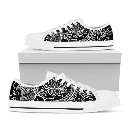 Black And White Lotus Flower Print White Low Top Shoes