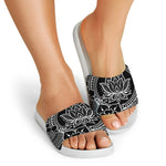 Black And White Lotus Flower Print White Slide Sandals