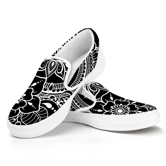 Black And White Lotus Flower Print White Slip On Shoes