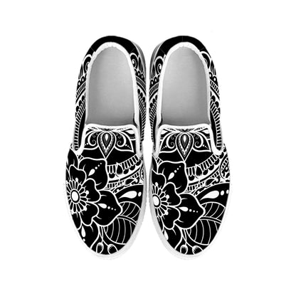Black And White Lotus Flower Print White Slip On Shoes