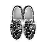 Black And White Lotus Flower Print White Slip On Shoes