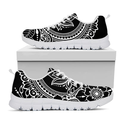 Black And White Lotus Flower Print White Sneakers