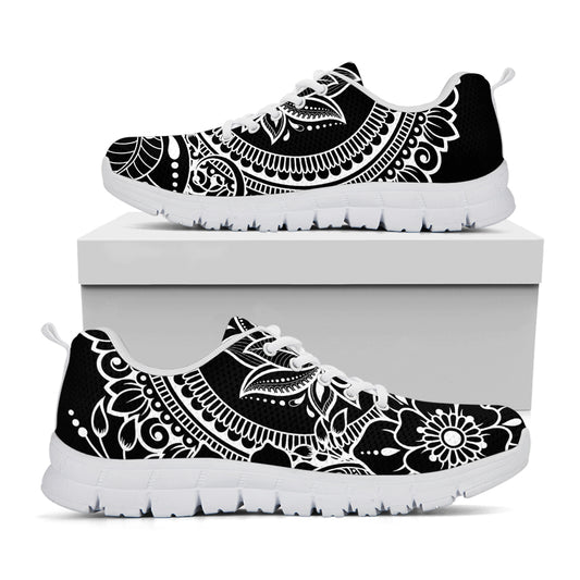 Black And White Lotus Flower Print White Sneakers
