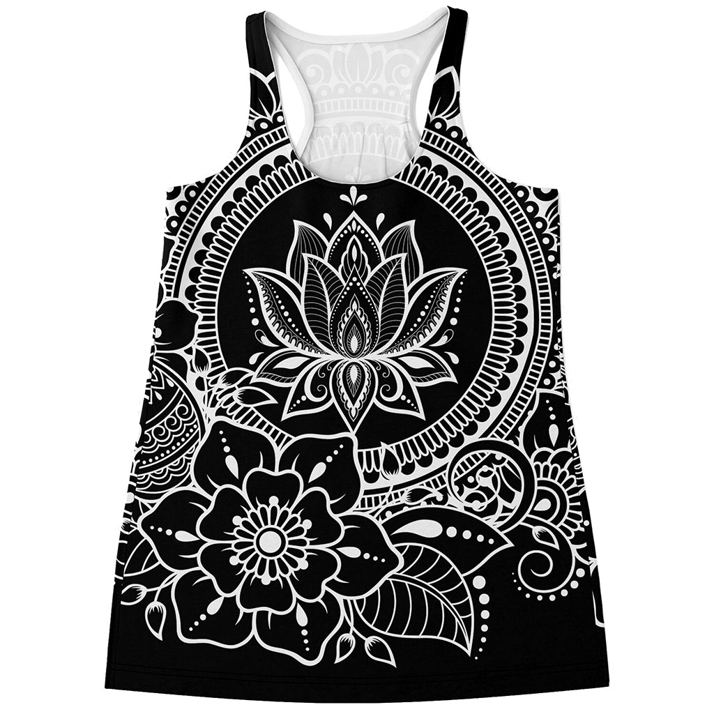 Black And White Lotus Flower Print Women's Racerback Tank Top
