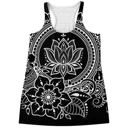 Black And White Lotus Flower Print Women's Racerback Tank Top