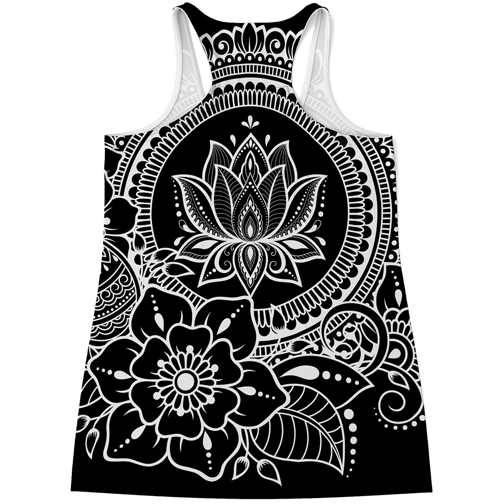 Black And White Lotus Flower Print Women's Racerback Tank Top