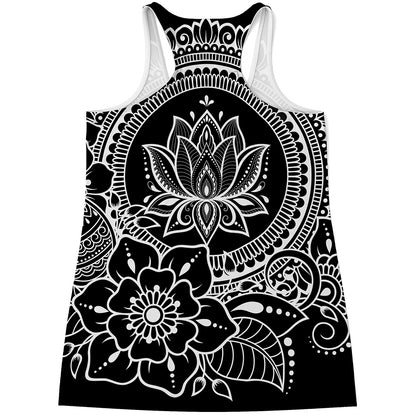 Black And White Lotus Flower Print Women's Racerback Tank Top